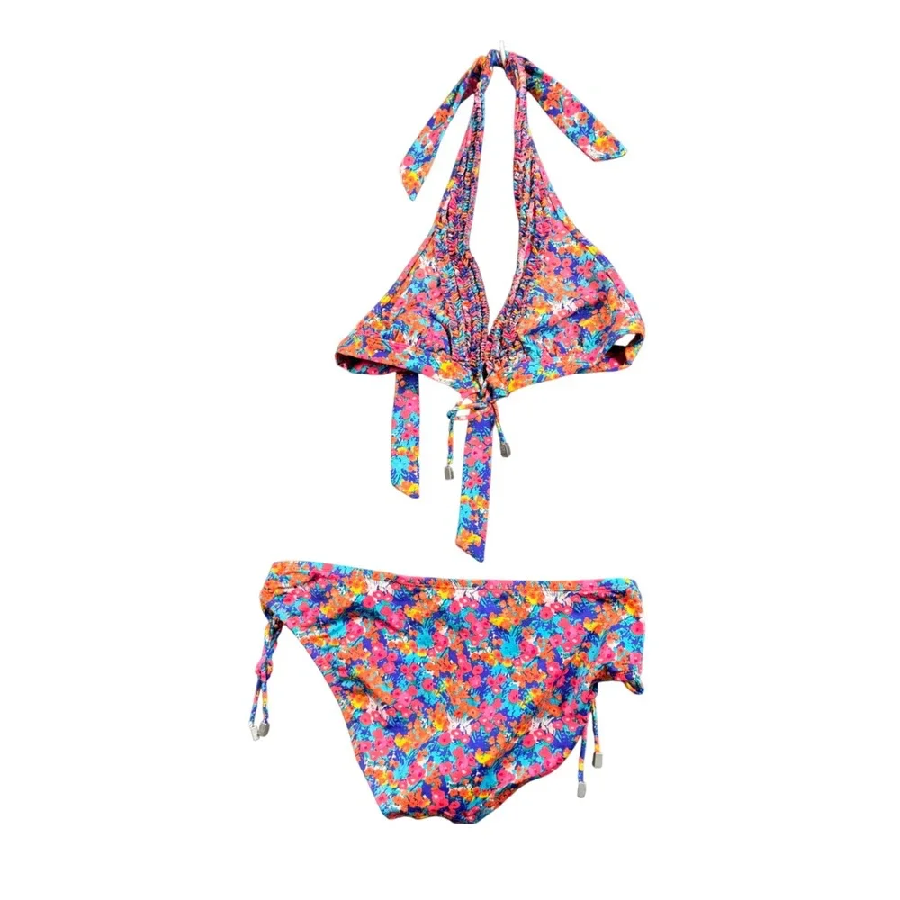 Kenneth Cole Reaction Floral Ruffle Bikini Set Halter 2pc M‎ Y2K